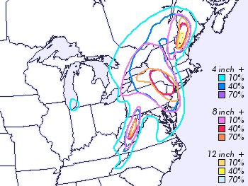 Snowfall probability map for 24 hours beginning 00z February 25, 2010. Adapted from National Weather Service.