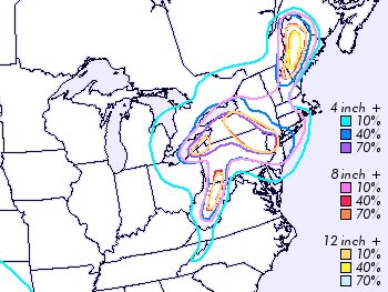 Snowfall probability map for 24 hours beginning 00z February 26, 2010. Adapted from National Weather Service.