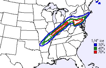 Icing probability map (at least 1/4 in. accumulation) for 24 hours beginning 12z February 1, 2011. Adapted from National Weather Service.