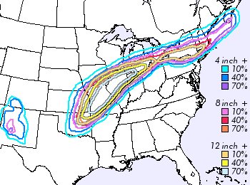 Snowfall probability map for 24 hours beginning 12z February 1, 2011. Adapted from National Weather Service.