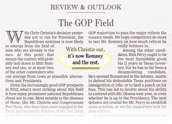 Wall Street Journal editorial, October 5, 2011: pullquote: â€˜With Christie out, its now Romney and the rest.