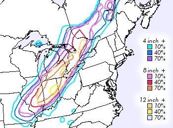 Snowfall accumulation probabilities for 24 hour period beginning 1200Z (7:00aes) Sunday 5 Jan 2014 from NWS Winter Weather page http://www.hpc.ncep.noaa.gov/wwd/winter_wx.shtml accessed 1pes 5 Jan 2014.