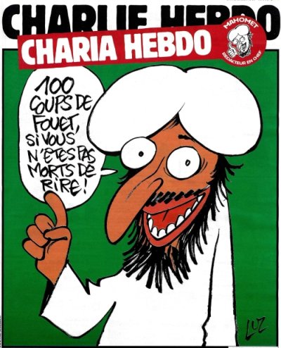 Charlie Hebdo (Charlie Weekly) cover: Sharia edition: Mohammad sez: â€˜â€˜100 lashes if you donâ€™t die laughing!â€™â€™