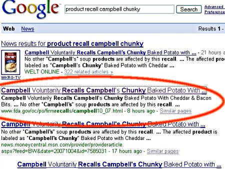 Google search results for 'product recall campbell chunky'