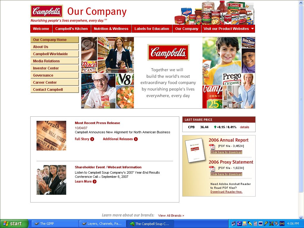 http://www.campbellsoupcompany.com/index.asp - screenshot Screenshot of Company Home page