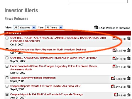 detail from screenshot of http://investor.shareholder.com/campbell/releases.cfm portion of screenshot from Additional Releases page